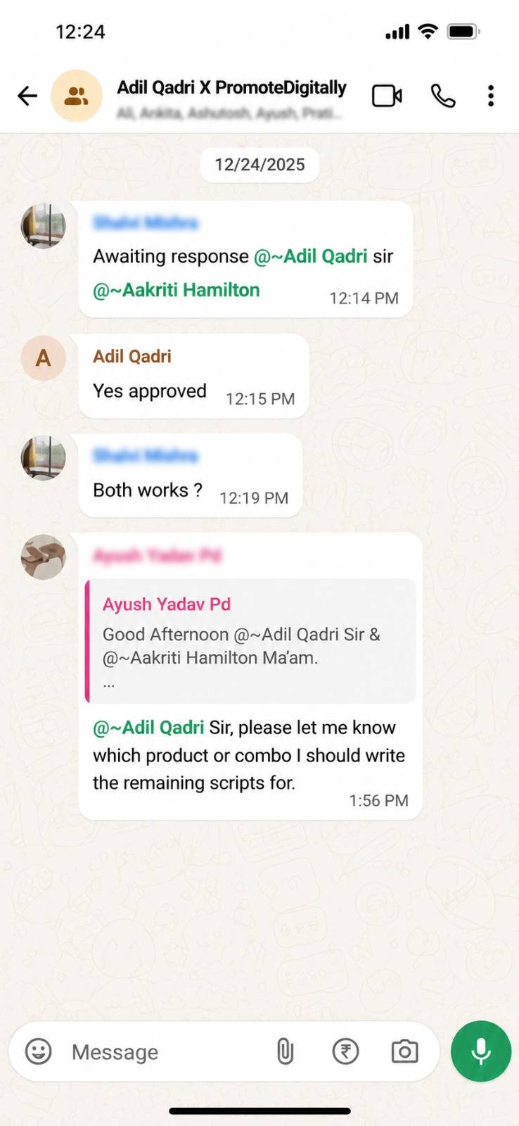 Client WhatsApp group screenshot