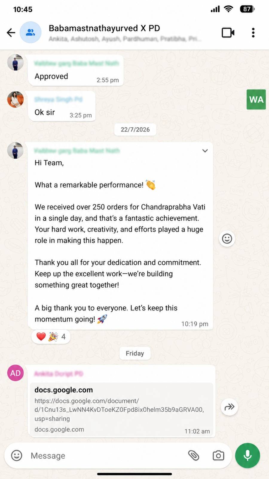 Client WhatsApp group screenshot
