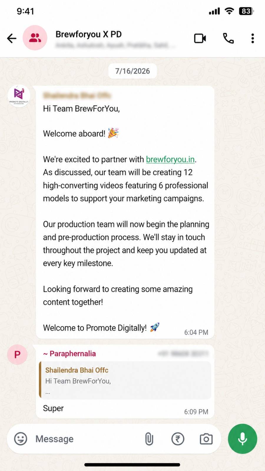 Client WhatsApp group screenshot